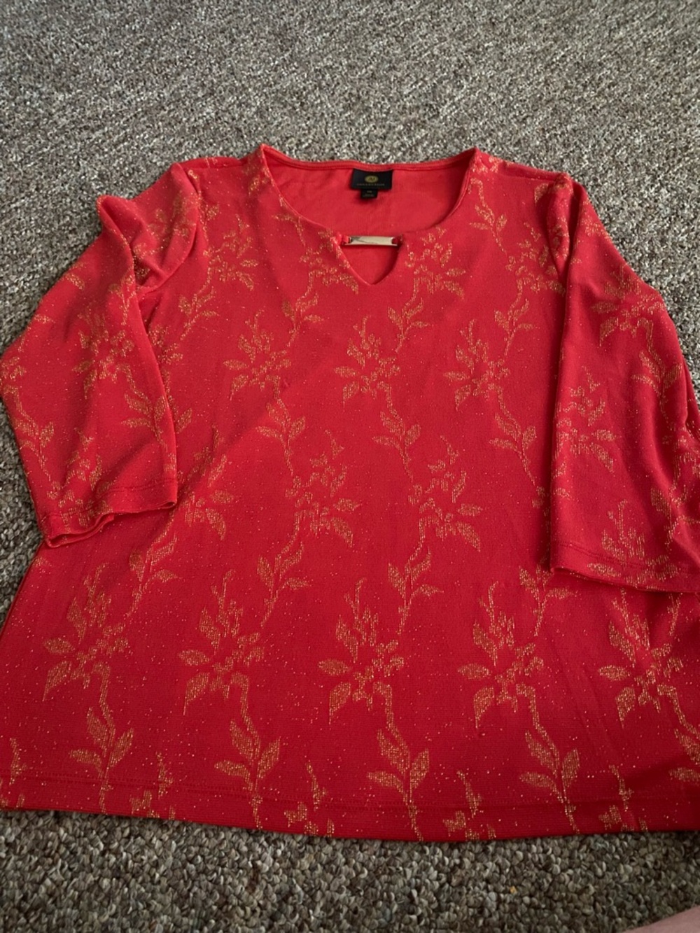 JM Collection Red Long-Sleeve Keyhole Top with Gold Floral Accent